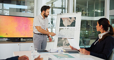 Buy stock photo Presentation, business man and map on whiteboard for weather pattern, target market and marketing geography. Screen, meeting and team speaker in office with climate data for planning global campaign