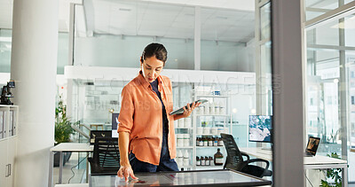 Buy stock photo Tablet, screen and business woman in office for sustainability advisor, carbon footprint policy and research. Reading, environment report and review with person in agency for project manager