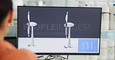 Buy stock photo Screen, engineer and person with monitor, office and plan for windmill design, back or renewable energy. Business, designer and employee with tech for wind turbine, economic benefits and eco friendly