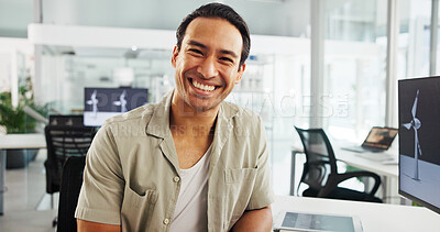 Buy stock photo Screen, engineer and man with smile, portrait and confident for windmill design, online and renewable energy. Office, employee and cost savings with wind turbine, happy and person with tech in Japan