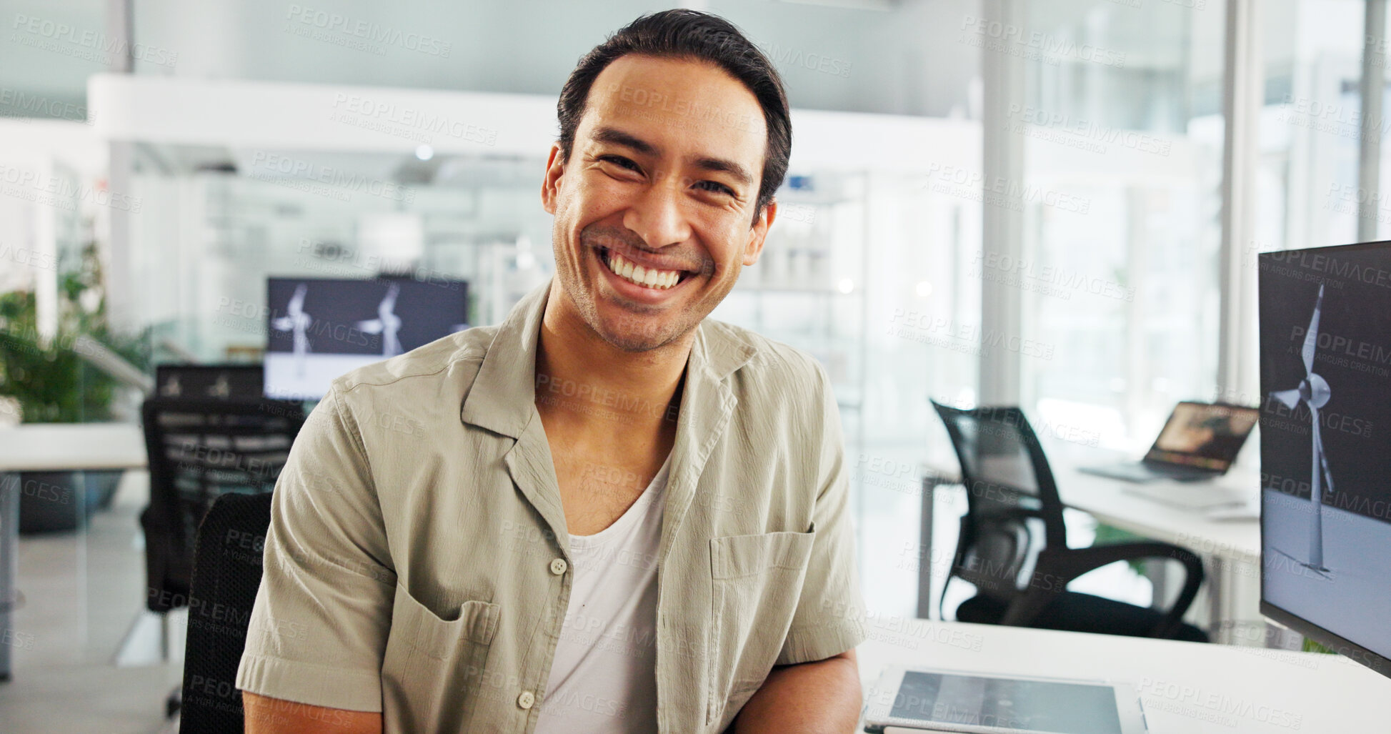 Buy stock photo Screen, engineer and man with smile, portrait and confident for windmill design, online and renewable energy. Office, employee and cost savings with wind turbine, happy and person with tech in Japan