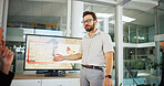 Businessman, meeting or presentation with screen or map for renewable or clean energy at office. Man, employee or speaker talking to group with technology display for wind turbine or eco development