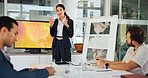 Presentation, business woman and map with team for weather pattern, seasonal trends and marketing geography. Whiteboard, meeting and speaker in office with screen, climate data and global campaign
