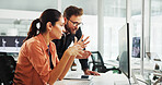 Meeting, wind turbine and business people on computer in office for sustainable, eco friendly and windmill design. Website, teamwork and man and woman on pc for power, electricity or renewable energy