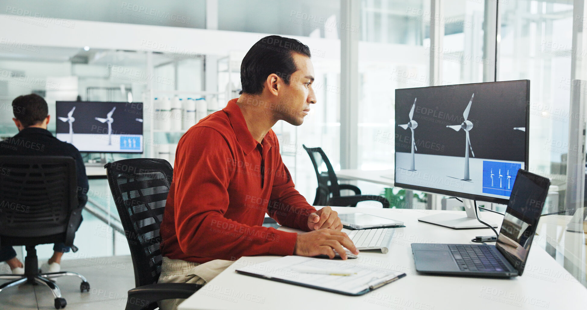 Buy stock photo Screen, engineer and man with laptop, office and planning for windmill design, online or renewable energy. Business, designer and person with tech for wind turbine, economic benefits and eco friendly