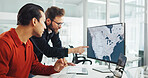 Collaboration, computer screen and map with business people in office for renewable energy or sustainability. Ecology, electricity or geography and pointing at display for development or engineering