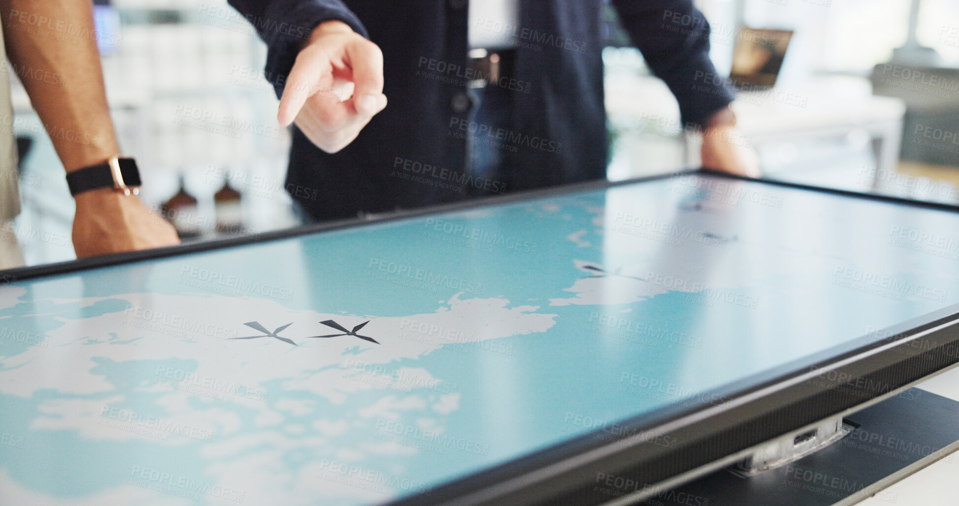 Buy stock photo Energy, people or hands with map on screen for turbine location, wind farm layout or renewable power. Interactive display, teamwork or engineer pointing to chart for speed direction or site selection