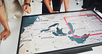 Business people, hands and screen with map or wind turbine for renewable energy development at office. Closeup, employees or technology display with ecosystem for global change or sustainable power