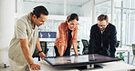 Happy, business people and meeting with screen for project, renewable energy or eco friendly development. Group, employees or team with smile or interactive display for wind turbine implementation