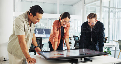 Buy stock photo Happy, business people and meeting with interactive display for project, renewable energy or eco friendly development. Group, employees or team with smile or screen for wind turbine implementation