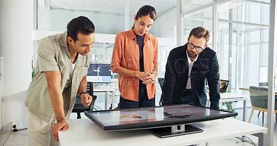 Buy stock photo Discussion, monitor and group with interactive display, collaboration and planning for windmill design. Teamwork, global and people with tech for map, wind turbine and renewable energy for world
