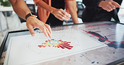 Buy stock photo Screen, people and hands planning with chart for power development, frequency direction and wind energy. Interactive display, team and rose diagram for turbine site selection, data analysis and speed
