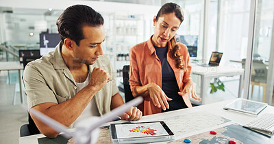 Buy stock photo Energy, tablet and people with map in office for turbine location, power grid connectivity or planning. Sustainability, engineer or team with wind diagram for speed direction, frequency or innovation