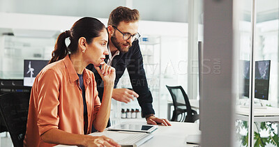Buy stock photo Meeting, sustainability and business people on computer in office for project, research and planning. Discussion, thinking and man and woman on pc for wind turbine, electricity and renewable energy
