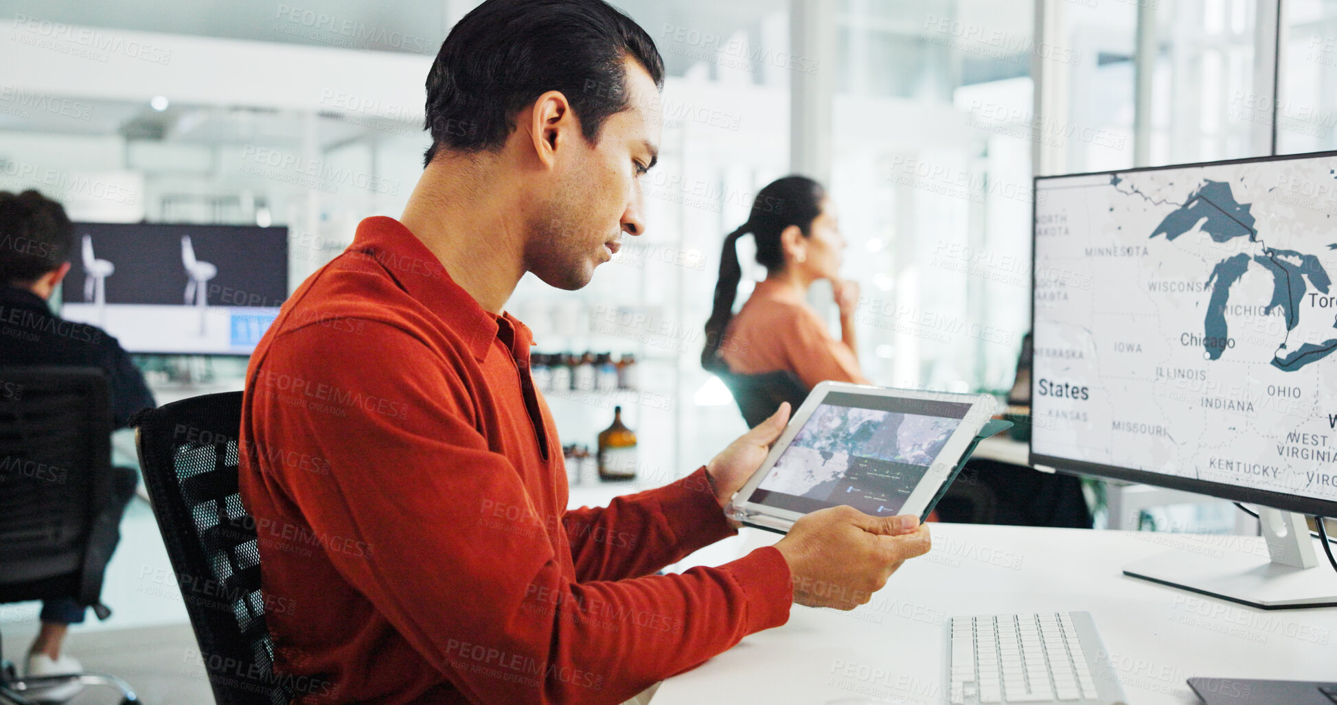 Buy stock photo Map, business and man with technology in office for renewable energy, power or sustainability. USA project, computer screen or environmental consultant on tablet for research, development or ecology