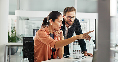 Buy stock photo Meeting, pointing and business people on computer for sustainable, eco friendly and power company. Discussion, teamwork and man and woman on pc for wind turbine, electricity and renewable energy