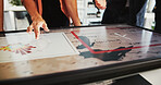 Business people, hands or pointing with screen, chart or wind turbine on map for renewable energy. Closeup, employees or technology display with graphs for ecosystem, global change or development
