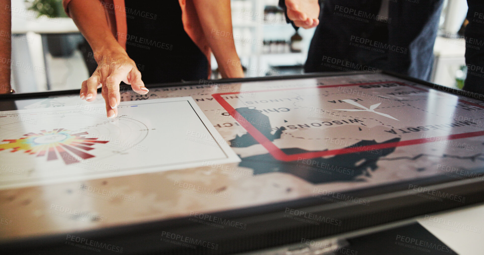 Buy stock photo Business people, hands or pointing with screen, chart or wind turbine on map for renewable energy. Closeup, employees or technology display with graphs for ecosystem, global change or development