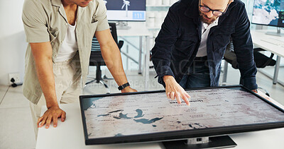 Buy stock photo Engineer, people and hands with world map on screen for turbine location, power development and data analysis. Interactive display, teamwork and employee pointing to chart area for site selection
