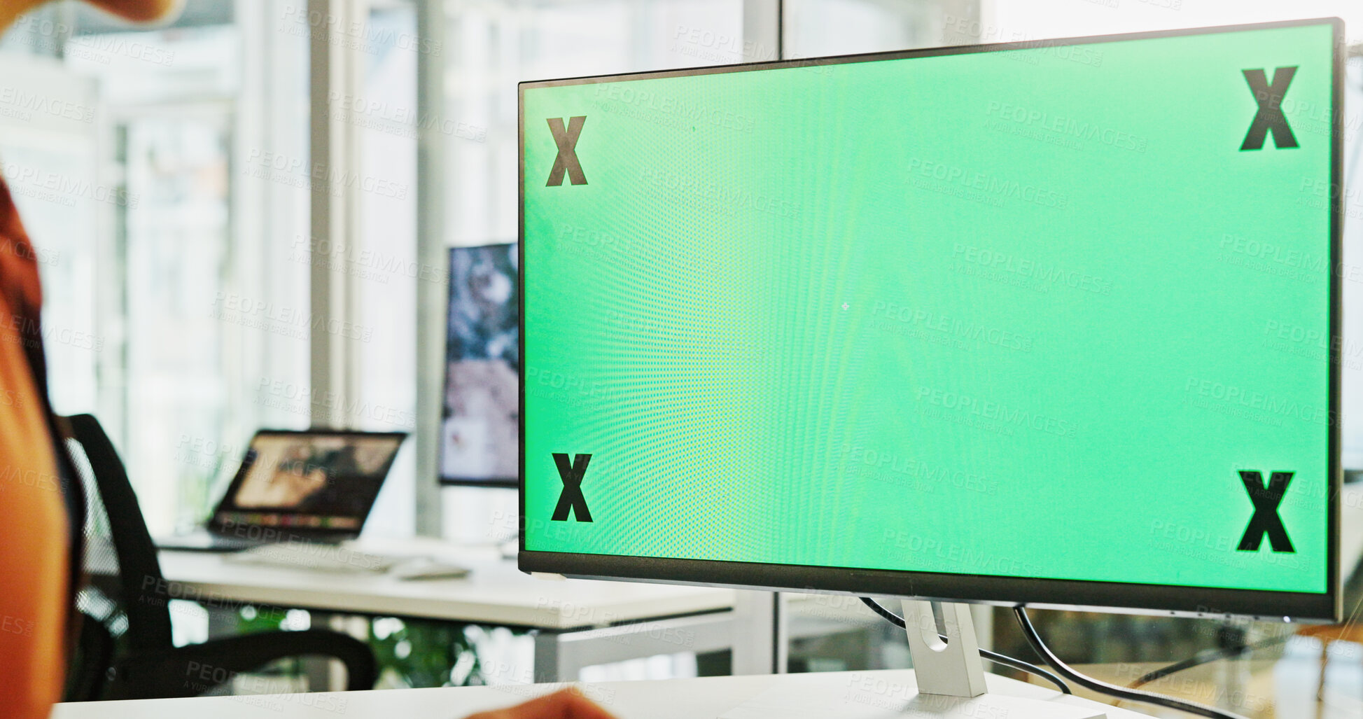 Buy stock photo Computer, green screen and business with mockup space for marketing, advertising or branding at office. Closeup, monitor or technology display with tracking markers for UI, UX or design at workplace