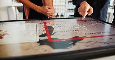 Buy stock photo Business people, hands or pointing with screen, wind turbine or location for renewable energy at office. Closeup, employees or technology display with icon for ecosystem, global change or development