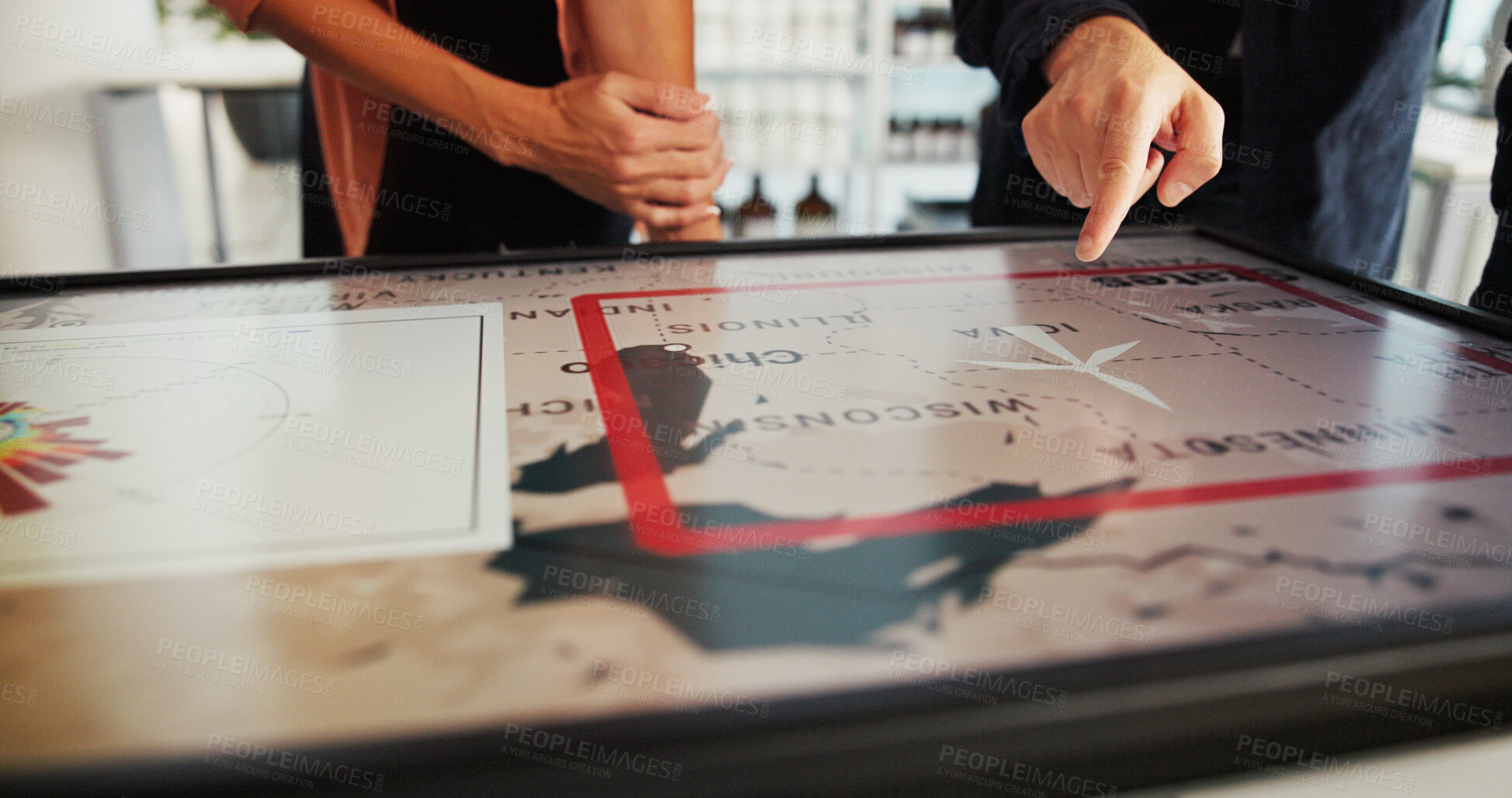 Buy stock photo Business people, hands or pointing with screen, wind turbine or location for renewable energy at office. Closeup, employees or technology display with icon for ecosystem, global change or development