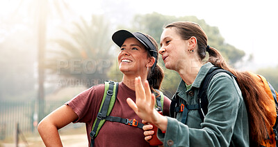 Buy stock photo Women, hiking and talk with search, direction and tourism on holiday with fitness at sunset. People, girl and friends with discussion, route and happy with sightseeing, trekking or adventure in Italy