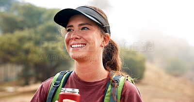 Buy stock photo Women, hiking and smile with thinking, woods and perspective for route, water or mountain in nature. Person, girl and happy with reflection, inspiration and trail with backpack on adventure in Italy