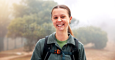Buy stock photo Hiking, portrait and smile with woman in nature for fitness, travel and adventure holiday. Explore, trekking and environment with person outdoor for eco tourism, backpacking and vacation trip