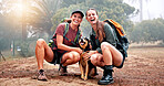 Women, hiking and friends with dog in woods for portrait, hug and happy with tourism in countryside. People, girl and pet animal with love with bonding, stroke and outdoor on nature trail in Germany