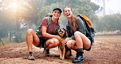 Buy stock photo Women, hiking and friends with dog in woods for portrait, hug and happy with tourism in countryside. People, girl and pet animal with love with bonding, stroke and outdoor on nature trail in Germany