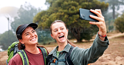Buy stock photo Hiking, selfie and smile with friends in nature for social media post, travel and adventure. Photography, trekking and environment with women outdoor for eco tourism, backpacking and vacation