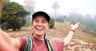 Buy stock photo Hiking, selfie and smile with woman in nature for social media post, travel and adventure. Photography, trekking and environment with portrait of person for eco tourism, backpacking and vacation