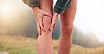 Hands, knee pain and hiking with injury in forest with arthritis, bruise or twist ligament on trail. Person, legs and fitness with massage for sore joint on adventure, workout and tourism in nature