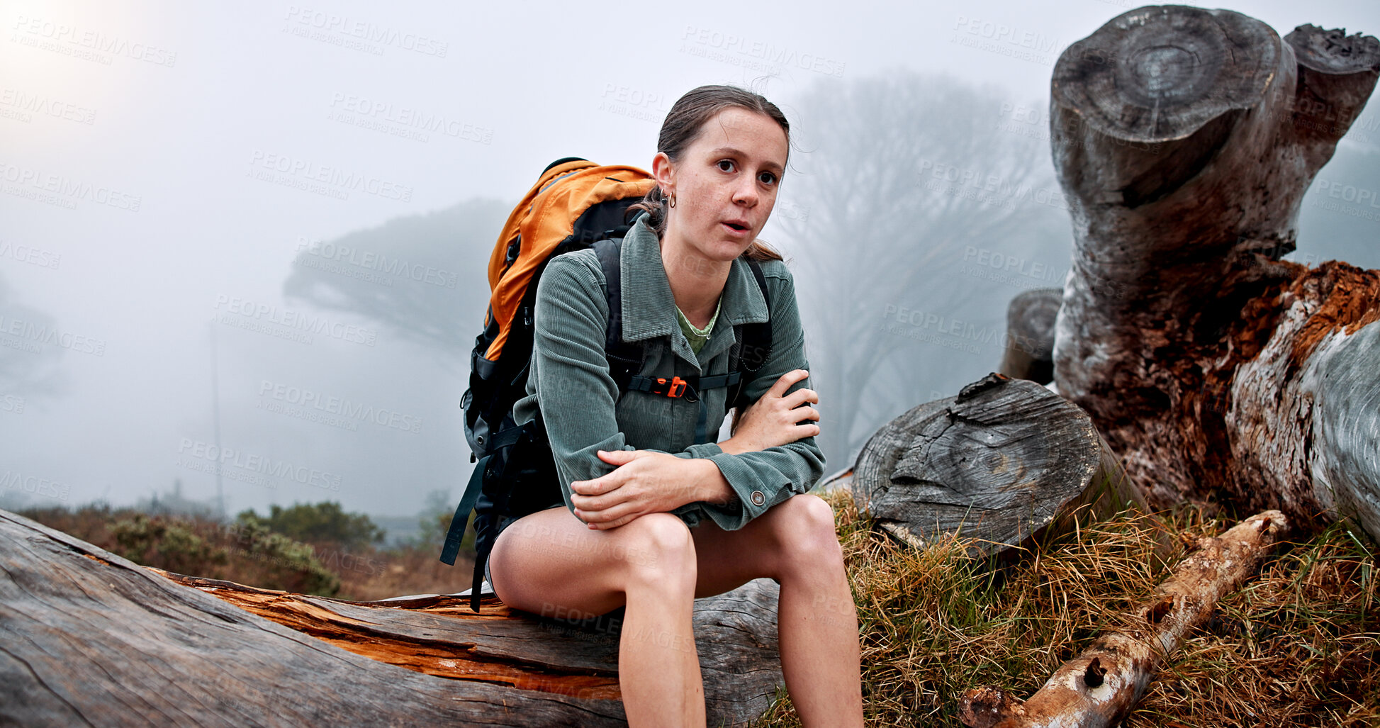 Buy stock photo Woman, hiking and getting cold on mountain in winter, thinking and fatigue with weather change, fog and tourism. Person, girl and trekking with trunk, exhausted and tired on adventure in Argentina