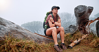Buy stock photo Girl, hiking and getting cold on mountain in winter, thinking and fatigue with weather change, fog and tourism. Person, woman and trekking on tree trunk, exhausted and tired on adventure in Argentina