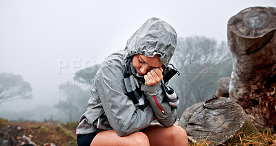 Buy stock photo Crying, hiker or woman in outdoor nature with grief, stress or burnout on adventure and trekking journey. Fail, sad and lost traveller in woods for hiking with anxiety, worry or fear with mistake