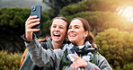 Hiking, selfie and friends or women in nature for social media post, travel and adventure. Photography, trekking and environment with people outdoor for eco tourism, backpacking and vacation