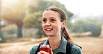 Hike, shock and woman with bottle, outdoor and excited for vacation, trip and weekend break. Person, hiker and traveller with water, surprise and nature with summer holiday, smile and fitness