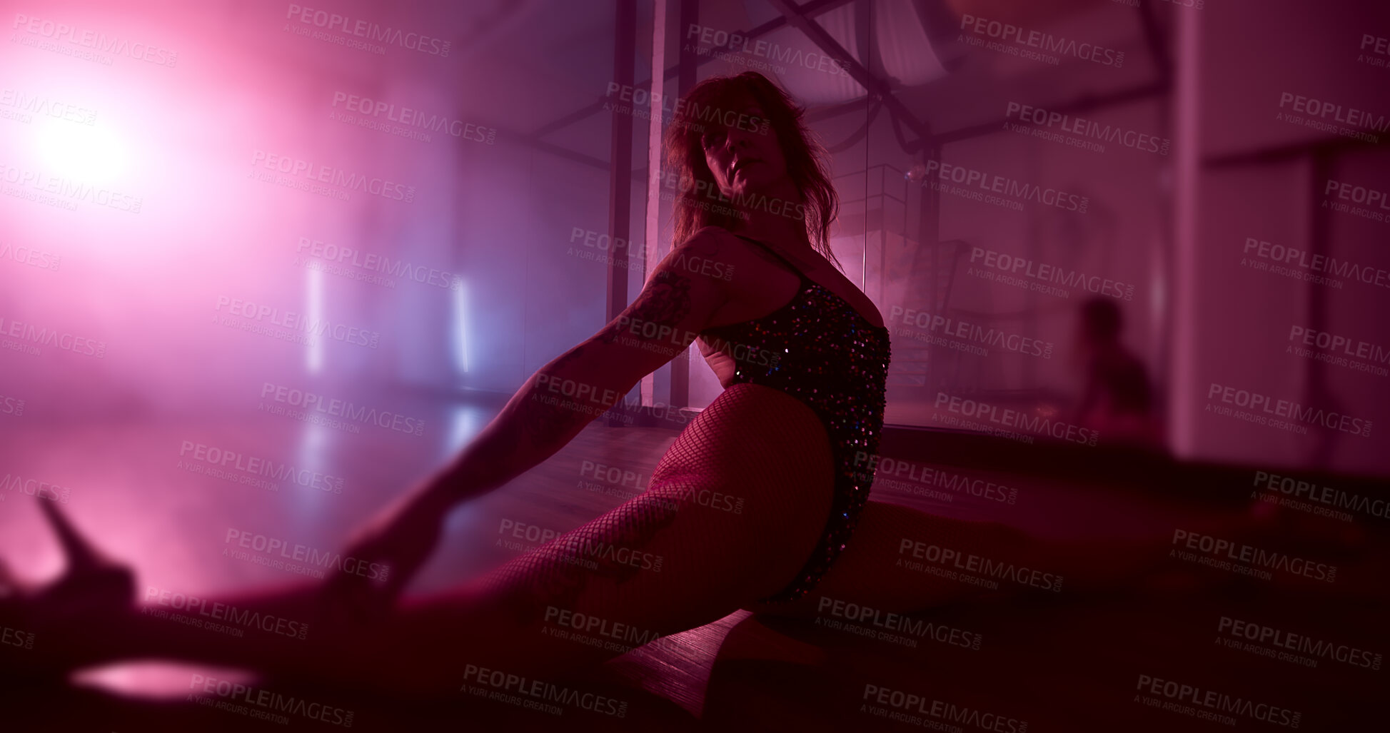 Buy stock photo Woman, dancer or dance with pole for silhouette, tease performance or sexy movement in nightclub. Practice, spotlight and female person in routine for seduction, stripping and stage entertainment
