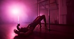 Woman, floor or dancer with pole for party, tease performance or sexy movement in nightclub. Body, spotlight and female person in practice routine for seduction, stripping and stage entertainment