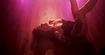 Lingerie, sexy and dancer with woman in studio for exotic performer, burlesque and neon light. Entertainment, floor choreography and sensual with person dancing in nightclub for stage and music