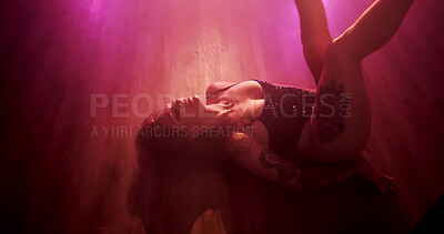 Buy stock photo Lingerie, sexy and dancer with woman in studio for exotic performer, burlesque and neon light. Entertainment, floor choreography and sensual with person dancing in nightclub for stage and music