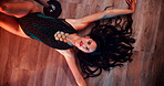 Lingerie, sexy and dancer with above of woman in studio for exotic performer, burlesque and neon light. Entertainment, choreography and sensual with portrait of person in nightclub for pole dancing