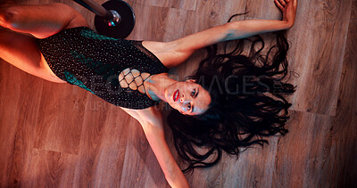 Buy stock photo Lingerie, sexy and dancer with above of woman in studio for exotic performer, burlesque and neon light. Entertainment, choreography and sensual with portrait of person in nightclub for pole dancing