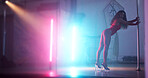 Woman, neon lights or dancing with pole for club, tease performance or sexy movement in night. Exotic, dancer and female person in practice routine for seduction, stripping or stage entertainment