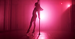 Woman, light or stage with pole for show, tease performance or sexy movement in nightclub. Body, exotic dancer and female person in practice routine for seduction, stripping or party entertainment