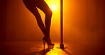 Woman, night or legs with pole for dancing, tease performance or sexy movement in silhouette. Light, exotic and body of dancer in club routine for seduction, stripping skill or party entertainment