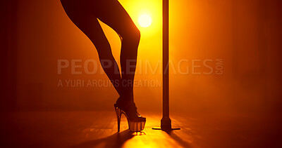 Buy stock photo Woman, night or legs with pole for dancing, tease performance or sexy aesthetic in silhouette. Light, exotic and space for dancer in club routine for seduction, stripping skill or party entertainment