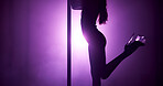 Woman, light or body with pole for dancing, tease performance or sexy movement in silhouette. Night, exotic and female dancer in club routine for seduction, stripping skill or party entertainment